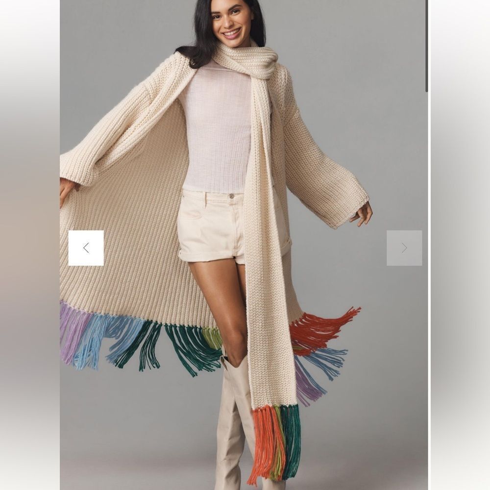 Anthropologie Colorful Fringe Scarf Cream Os‎ NWT in packaging